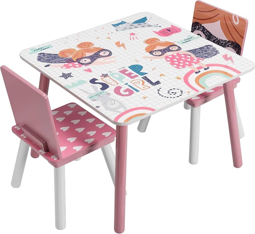 Children Table & Chair Sets Pink Desk Table with 2 Chairs Stools Set for Preschoolers Kids Study Activity Wooden