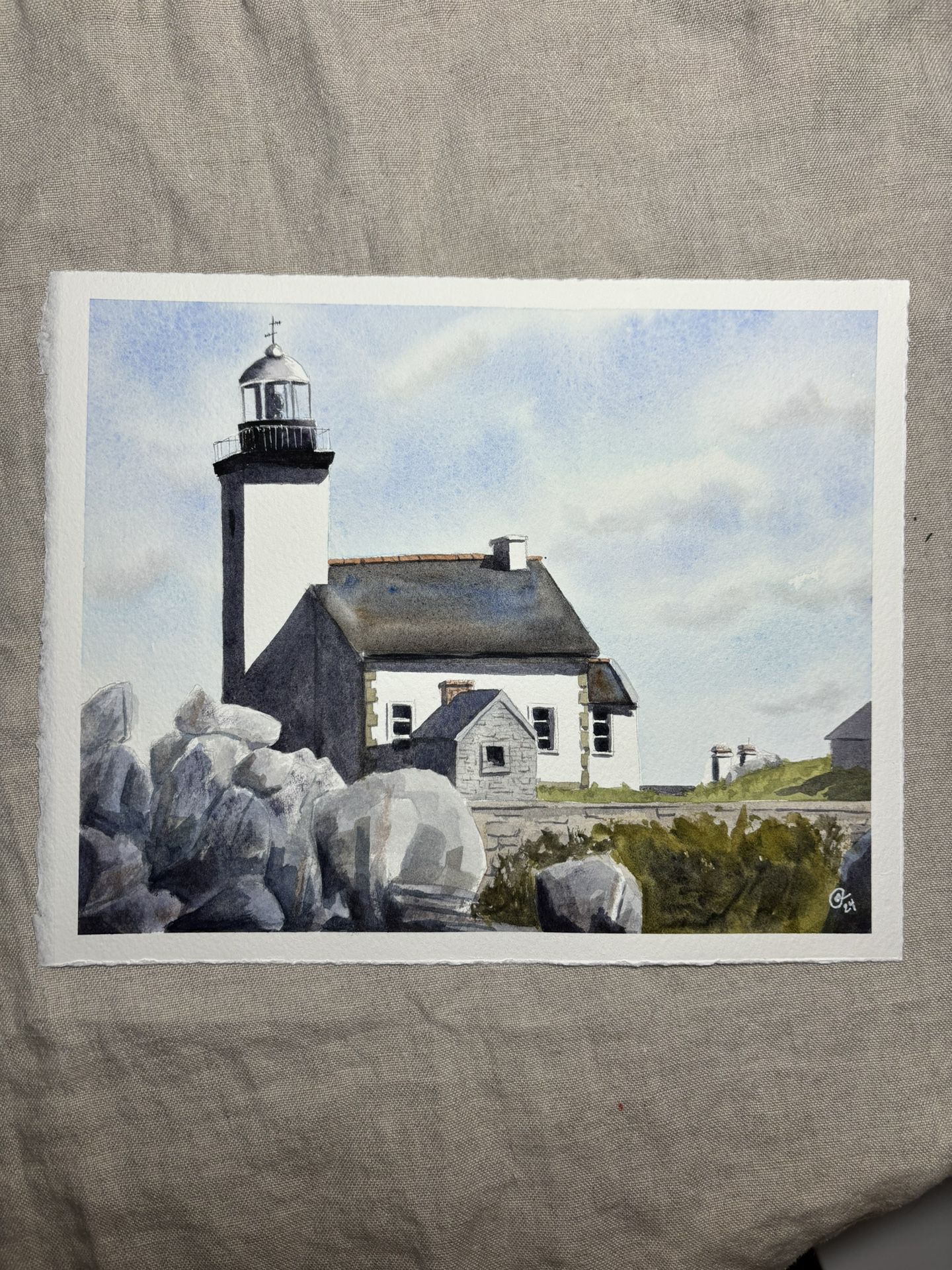 French Lighthouse Original Watercolor Painting 