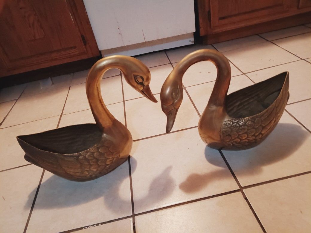 Mid-century Brass Swan Planter Set