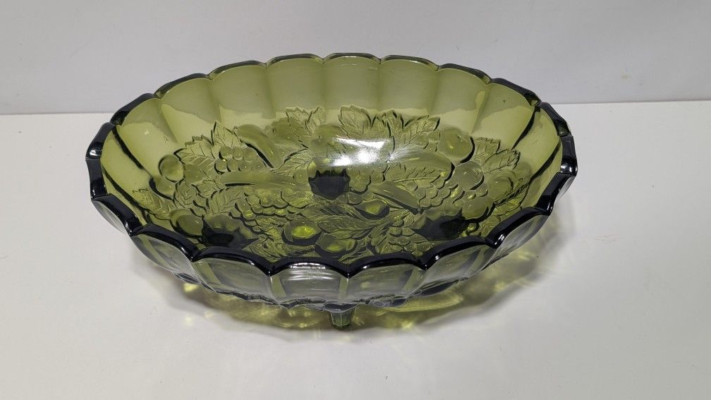 Vintage Mid-Century Green Pressed Glass Fruit Bowl Footed Centerpiece 12"