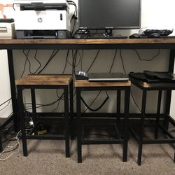 Work Table Or Bar Height Breakfast Table With 3 Stools. 
