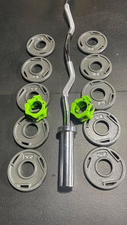 OLYMPIC CURL BAR AND WEIGHTS