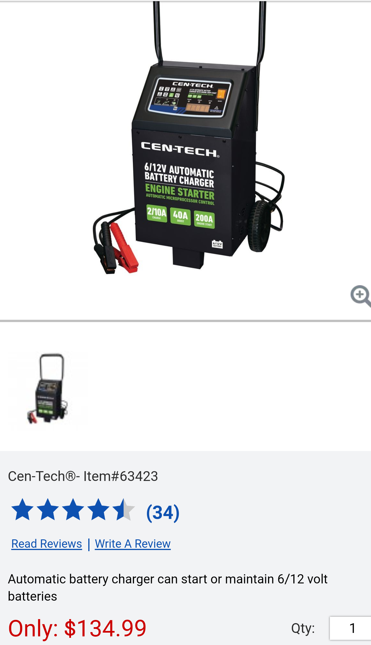 CENTECH 2/10/40/200 Amp 6/12V Automatic Battery Charger with Engine