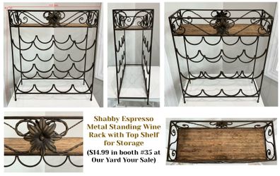 Shabby Espresso Metal Standing Wine Rack with Top Shelf for Storage