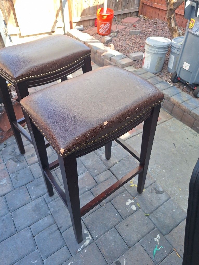 2 Brown Leather Bar Stools