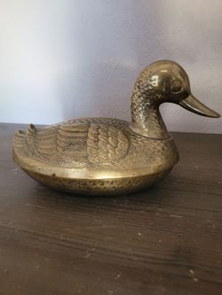 Brass Metal Life Size 10" Two Piece Malard Duck Bird Figurine Trinket Box
