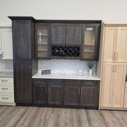Dark Gray Shaker Kitchen Cabinet Set with Wine Rack