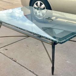 Super Cool Vintage Mid Century Modern 60” Gold Metal Coffee Table w/ Textured Edge Glass