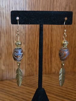 Tibetan Agate Earrings w/Brass Bead and Feather