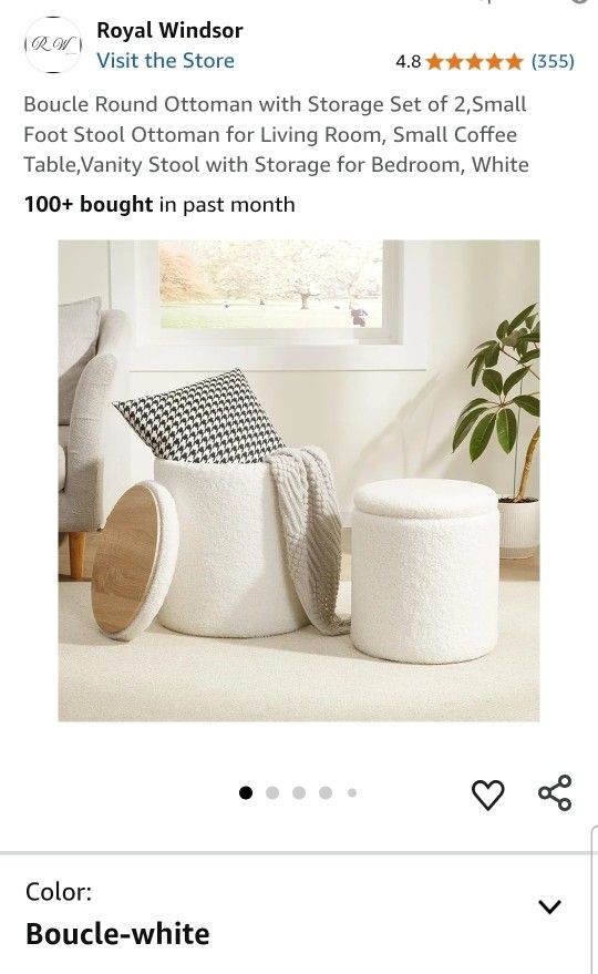 Boucle Round Ottoman with Storage Set of 2