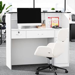 VEVOR Reception Desk, 50 inch Rectangular Front Counter Table, Modern Office Reception Desk with Light Strip, 3 Drawers & Storage Cabinets, Retail Cou