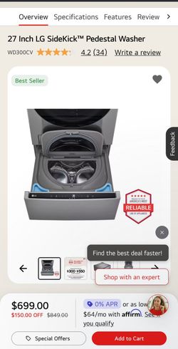 LG SideKick Pedestal Washer WD300CV – Like New!