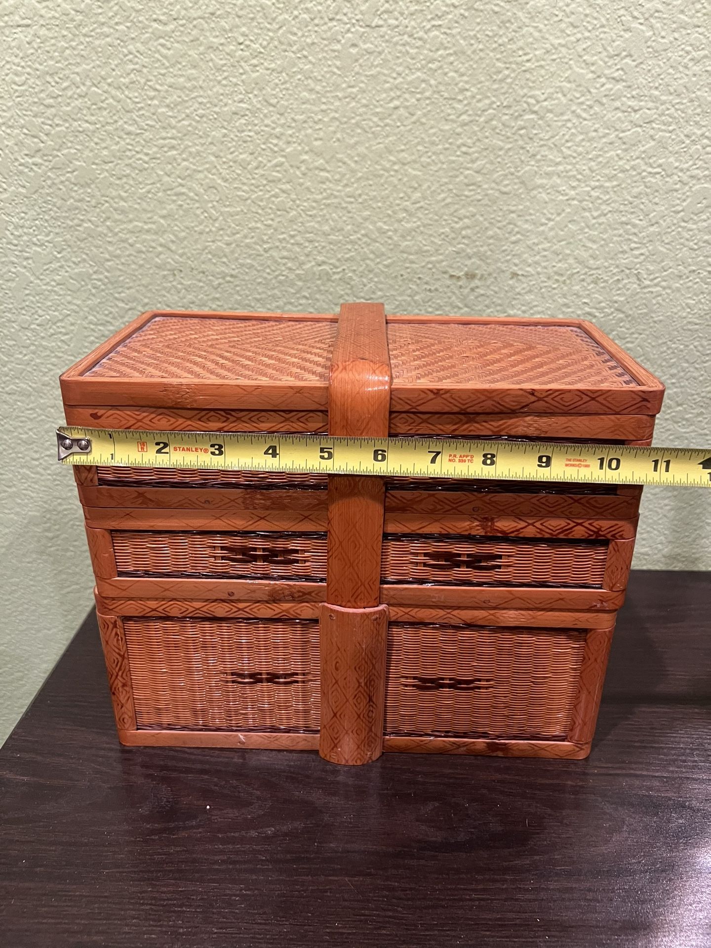 Vintage Chinese Rattan Food Picnic Three Tier Basket 1950s 9”Hx 11”Wx6”D