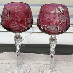 Pr Cranberry Cut Crystal Wine Glasses 