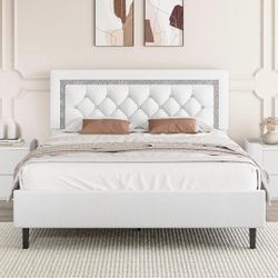 Full Size Bed Frame with Tufted Button Headboard, Upholstered Platform Bed Frame with Diamond Design, Wood Slat Support, No Box Spring Needed, Easy As