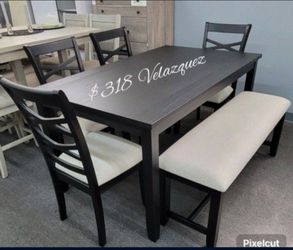 ✅️✅️6  pc Black  finish wood dining table set padded seat  chairs and bench ✅️✅️
