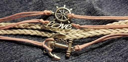 Pink & White Leather Silver Color Charms  Bracelet