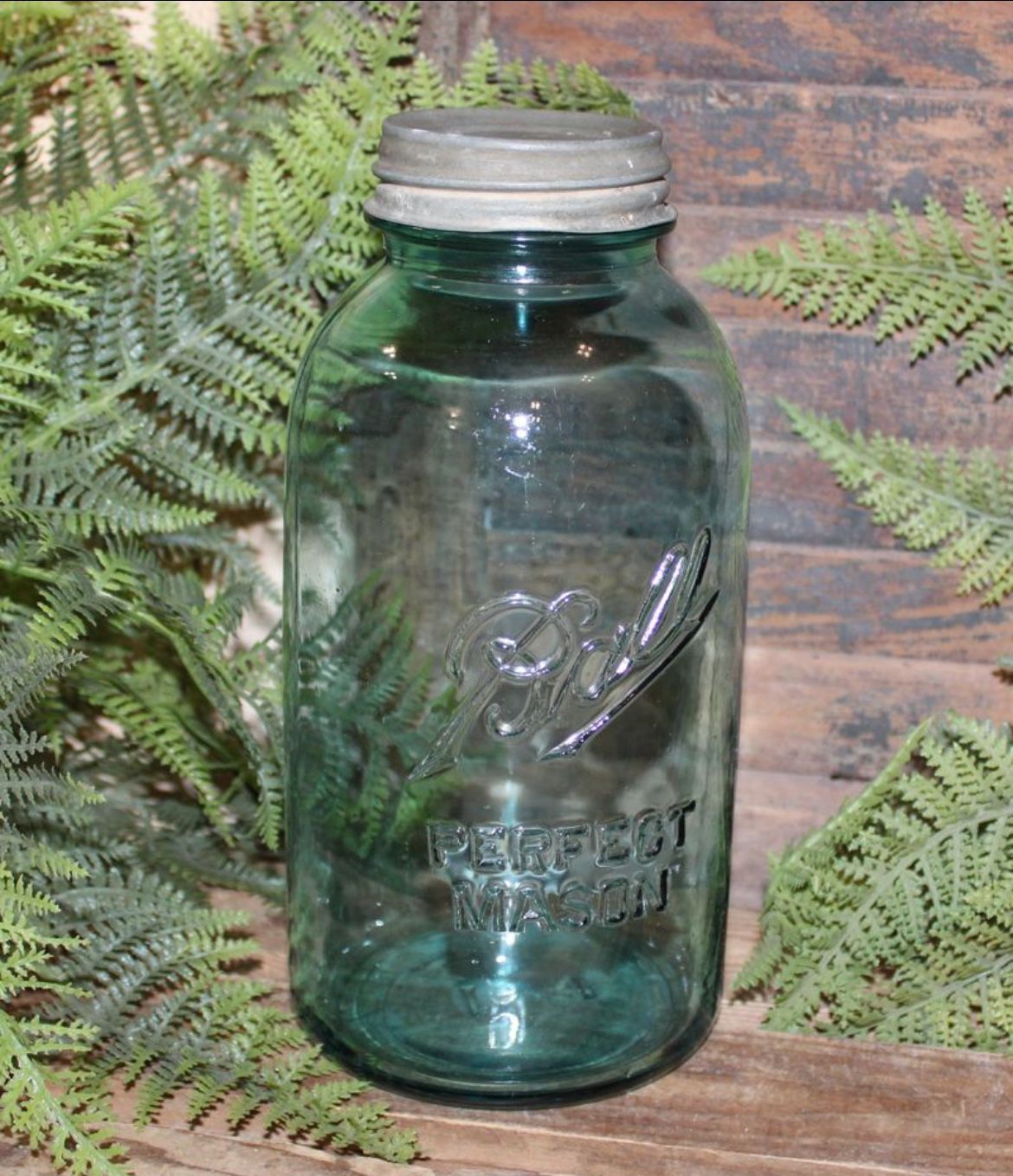 Vintage Blue Glass BALL Farmhouse Qt. Mason Canning Jar w/Zinc Lid