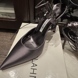 New Manolo Blahnik Metallic Pewter Satin Heels-size 39