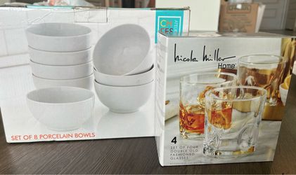 8 porcelain bowls and 4 old fashioned glasses