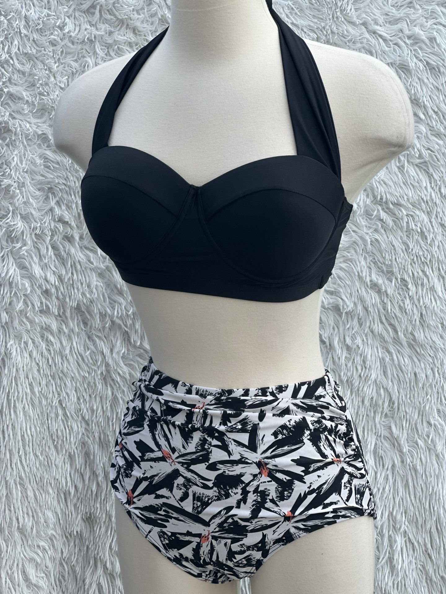 Black Halter Bikini Top with Patterned High-Waist Bottoms size Small New