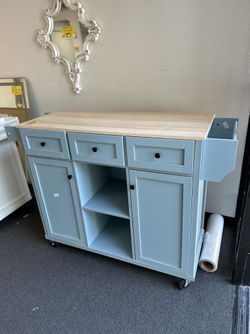 New Wooden Farmhouse Kitchen Island w/ Drop Leaf Countertop & Wheels Portable Rolling Island 