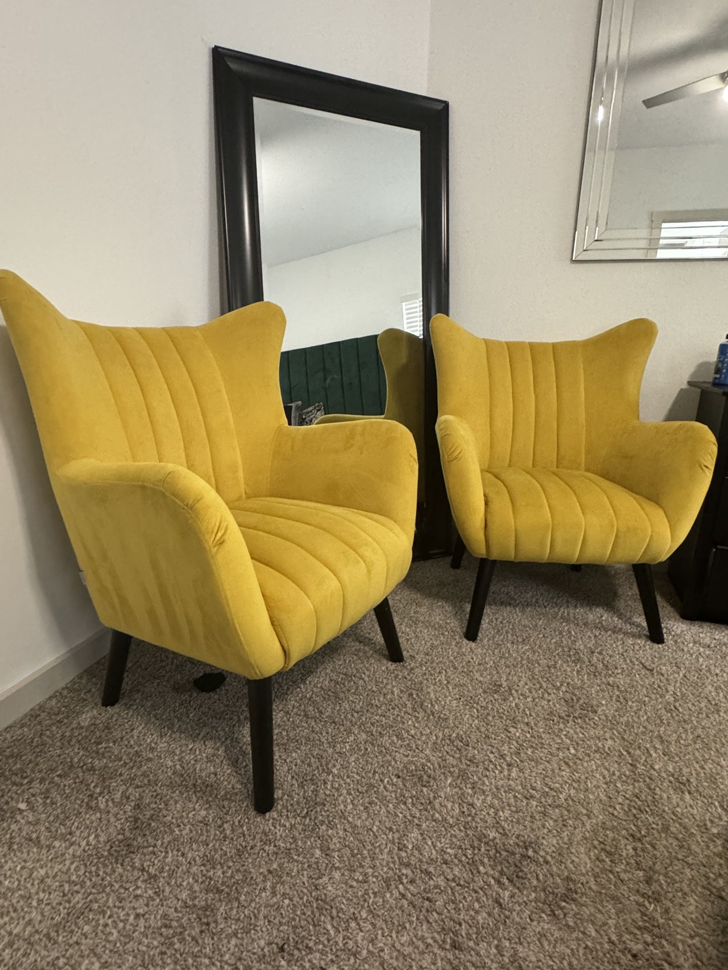 (2) 30” Wide Mustard Velvet Wingback Accent Chairs For $100