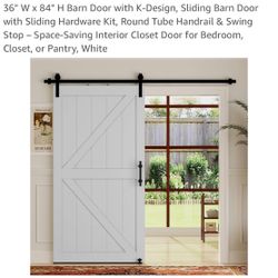 36" W x 84" H Barn Door with K-Design, Sliding Barn Door with Sliding Hardware Kit, Round Tube Handrail & Swing Stop - Space-Saving Interior Closet Do