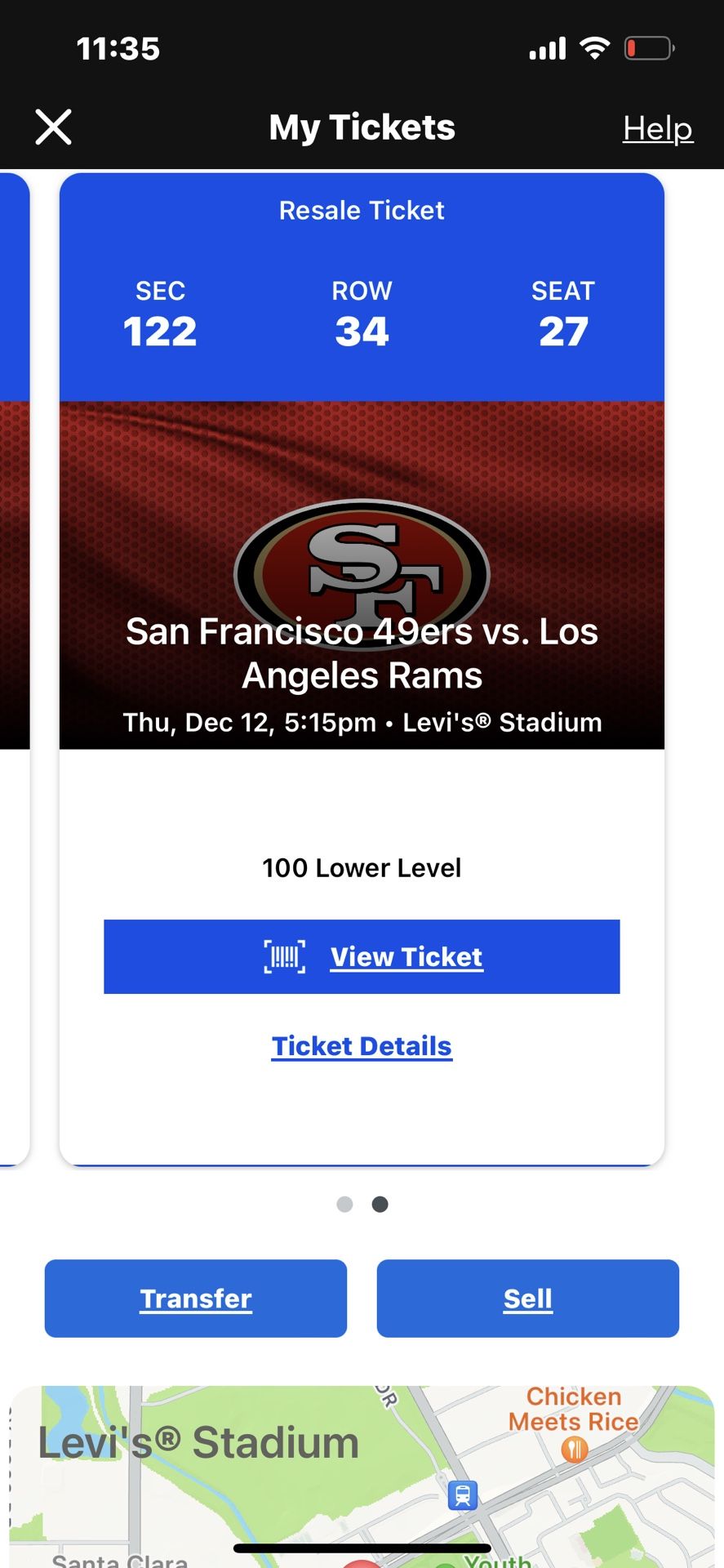 49er Rams 2 Tickets @ $75 Each - Section 123 row 34 End Seats 26 & 27