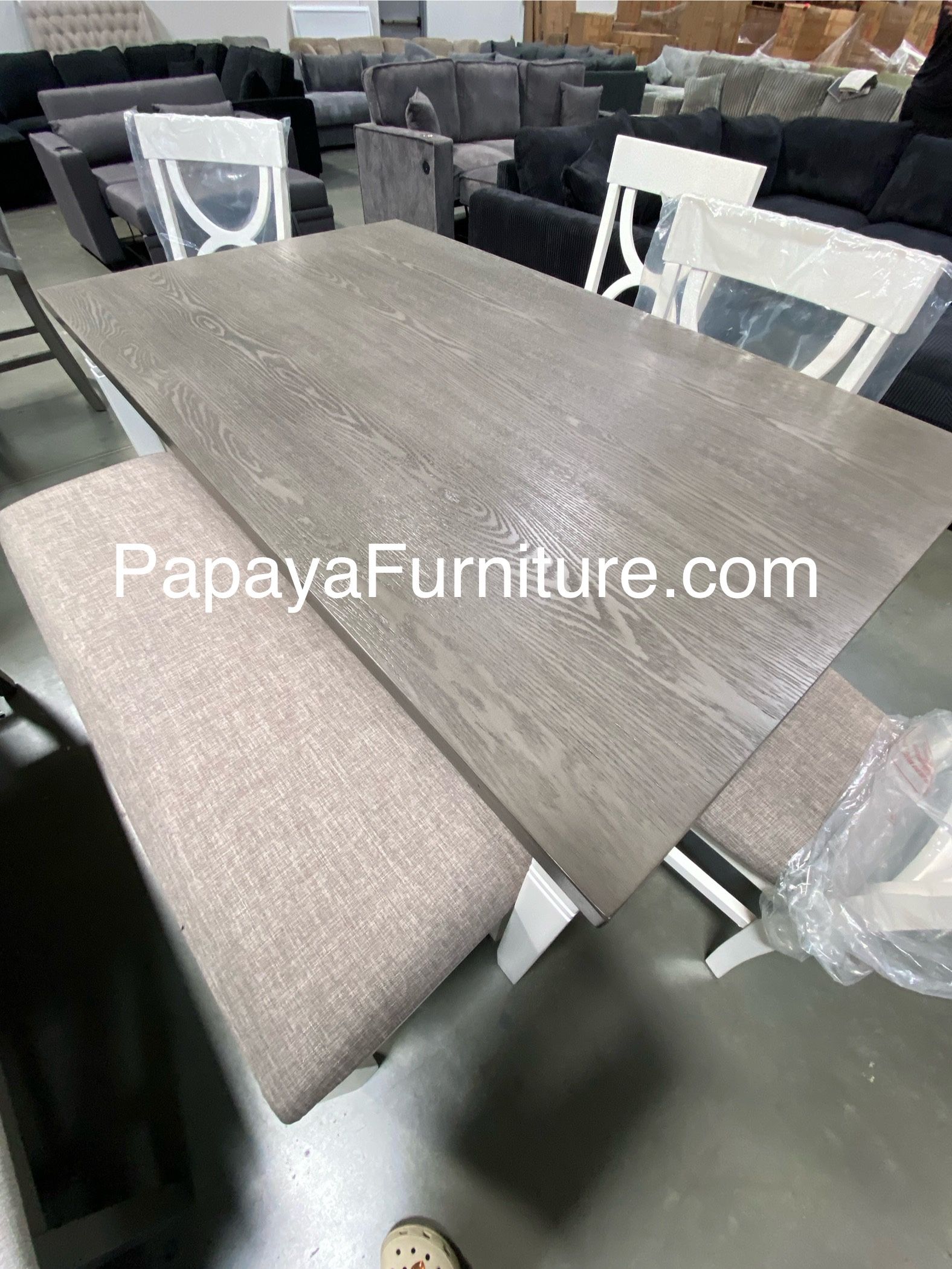 New! 6pcs White Rustic Dining Set, Dinette Set, Kitchen Table And Chairs, Table, Chairs, Bench, Casual Dining Set, Rectangular Dining Table, Dining Ro