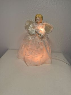 Vintage Lighted Porcelain Angel Tree Topper White Lace Silver Floral Gown
