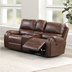 Brown Leatherette Couch Sofa Recliner Console w/ Cup Holders LivingRoom Loveseat