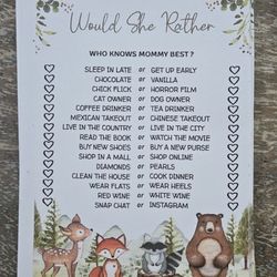 Would She Rather Woodland Animal Baby Shower Game Cards