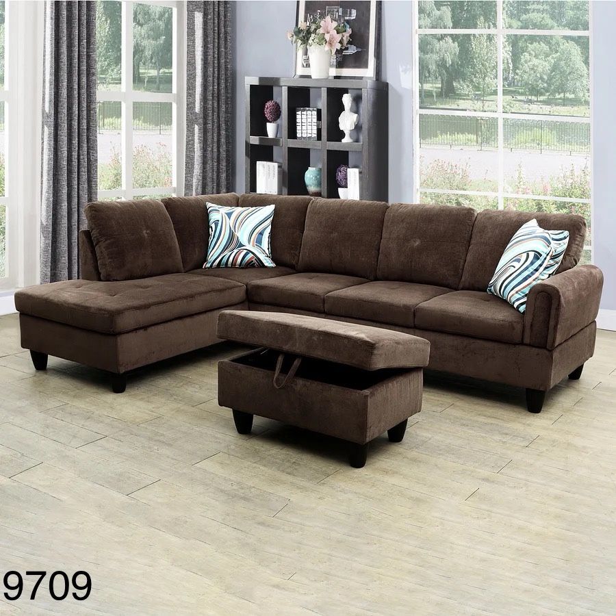 Brown Corduroy Sofa Set With OttomN