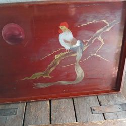 Japanese Wooden Lacquered Red Rooster Moon Tray Occupied Japan 