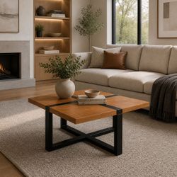 37.5" Square Natural Wood Coffee Table w/ Black Legs & Trim [NEW] **Assembly Required