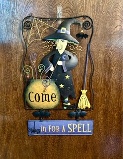 Vintage Halloween “Come In For a Spell” Witch Metal Wall Hanging