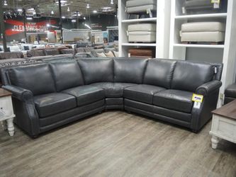 Futura Leather Benchmark Charcoal Gray Leather Nailhead 3-Piece Sectional