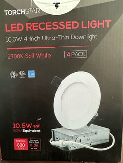 TORCHSTAR model SV238526-4P, 10.5W, 4-inch ultra-thin LED recessed downlights, 2700K soft white, 800 lumens, 50W equivalent, sold in a 4-pack