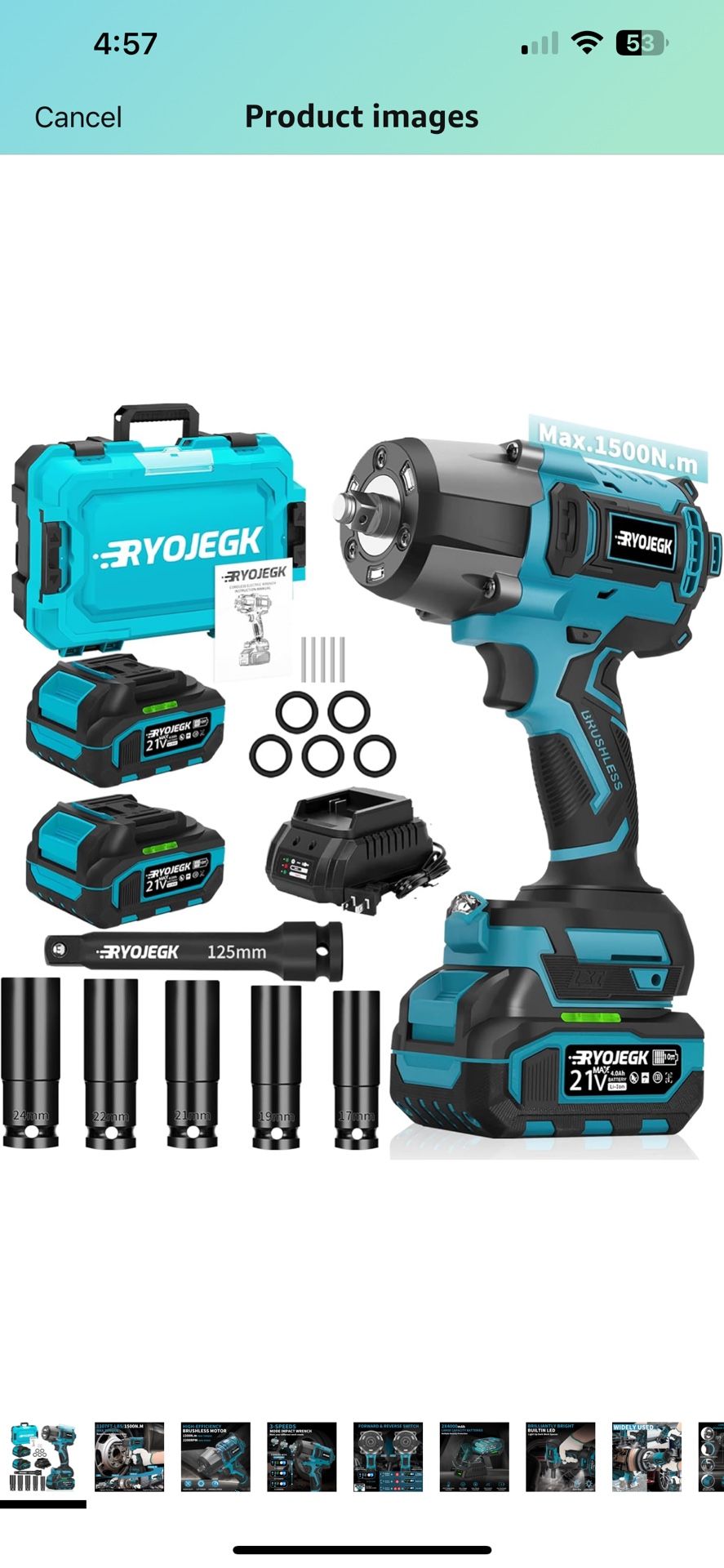 1500N.m Impact Wrench,1107Ft-lbs 1/2" Cordless Impact Gun,High Torque Brushless Power Impact Driver 3-Mode Speed with 2×4.0Ah Battery,Pistola de Impac