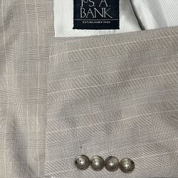 Jos A Bank Beige Gray Cotton Wool Blazer 36S Prince Of Wales Plaid Sport Coat