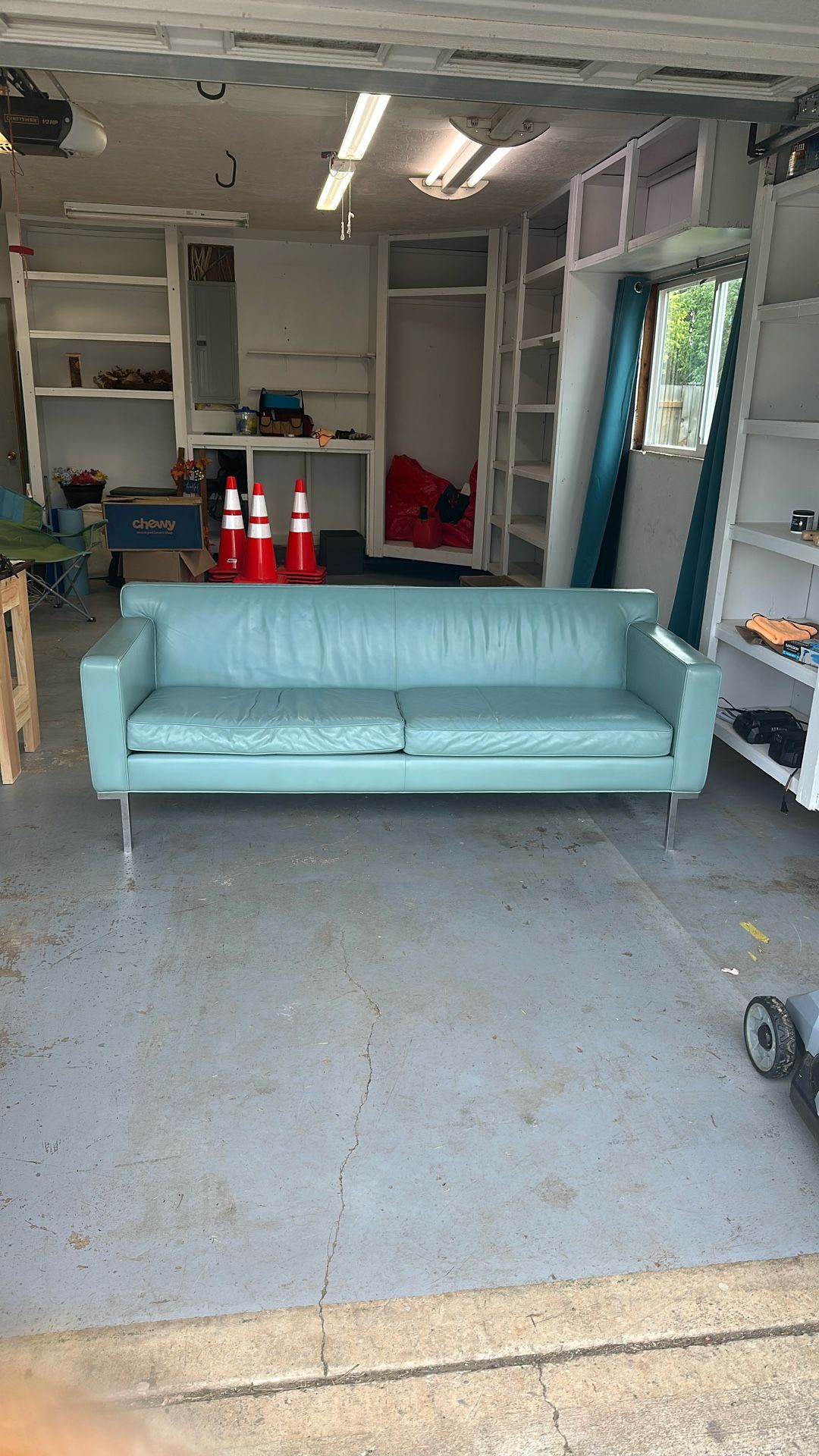 Light blue leather sofa
