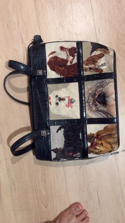 Needlepoint Dog Tote Bag with Leather Trim