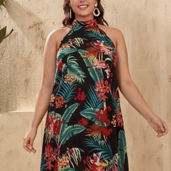 Tropical Floral Print Sleeveless Tie Back Halter Dress