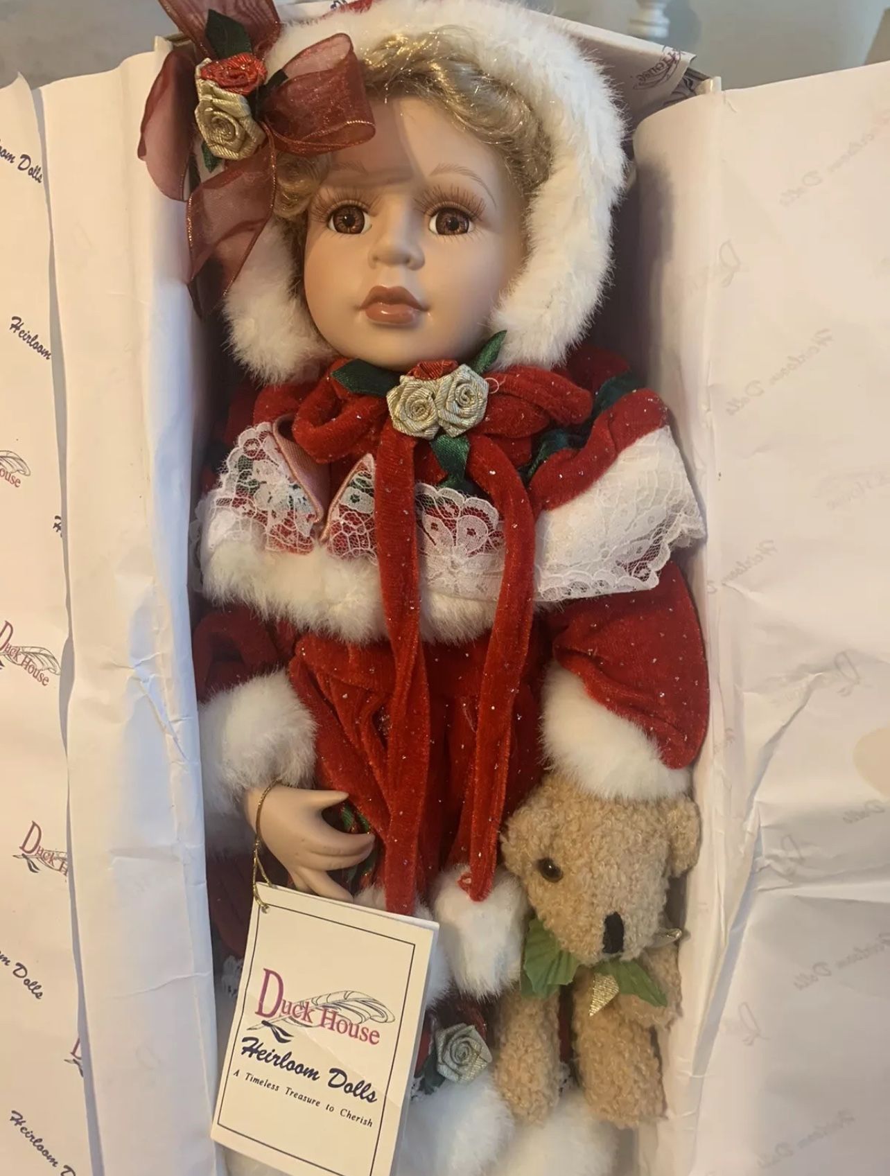 VINTAGE Duck House Christmas Heirloom Porcelain Doll Casandra w/ bear