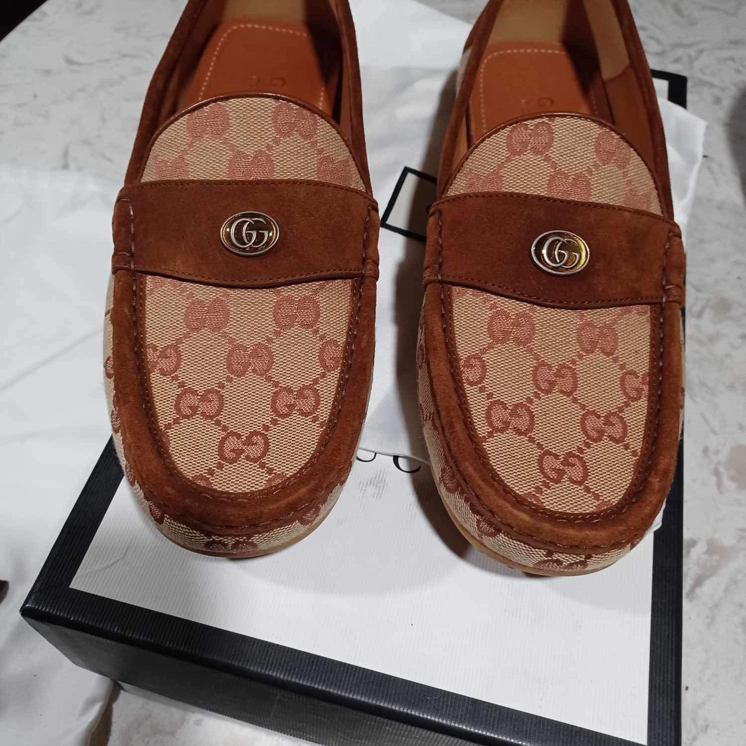 GUCCI GG Monogram Suede Mens Driver Loafers  