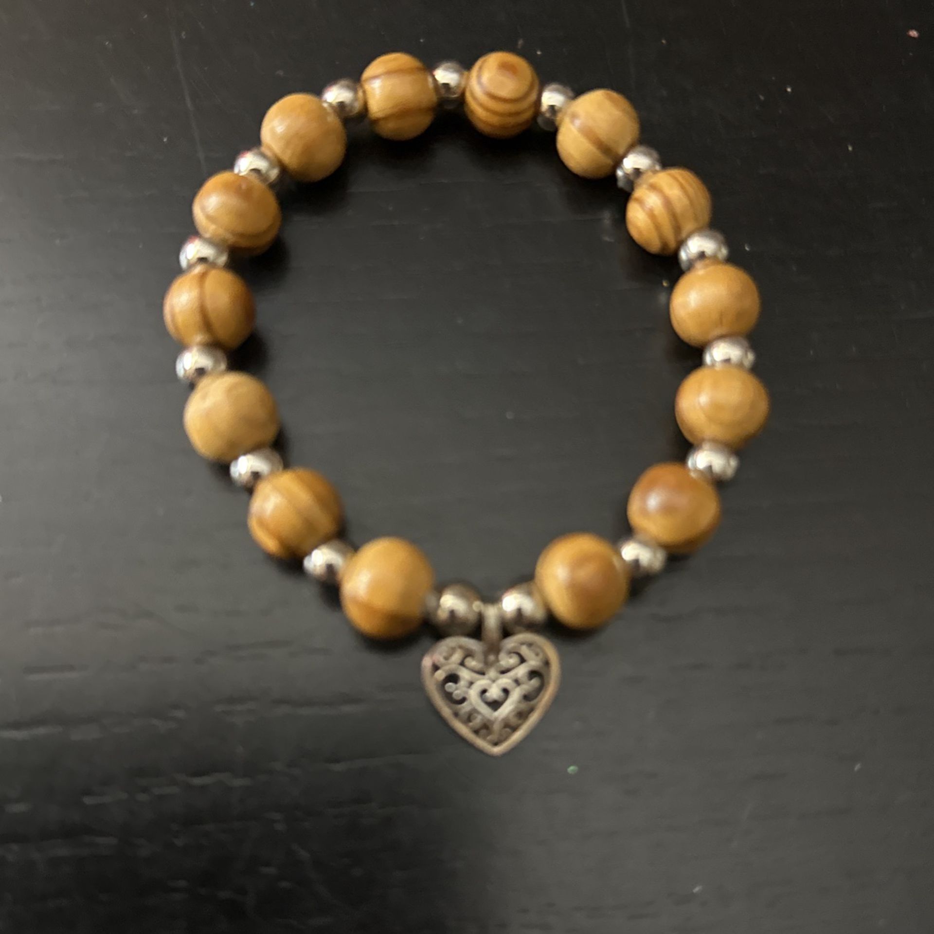 Wood And Silver Beads Bracelet With A Heart Charm