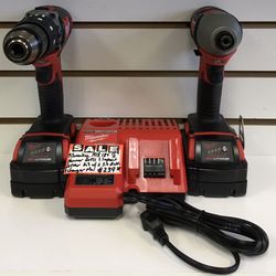 Milwaukee M18 18V 1/2” Hammer Drill & Impact Driver Kit W/ 2 3.0 Batt. & Charger New 