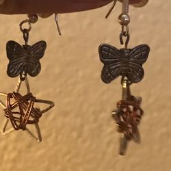 Silver Butterfly Earrings With Copper Star Hand Woven Lucky Earring 