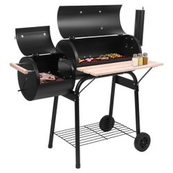 (In Stock & Fast Shipping)Black double oven with chimney oil barrel shaped charcoal grill